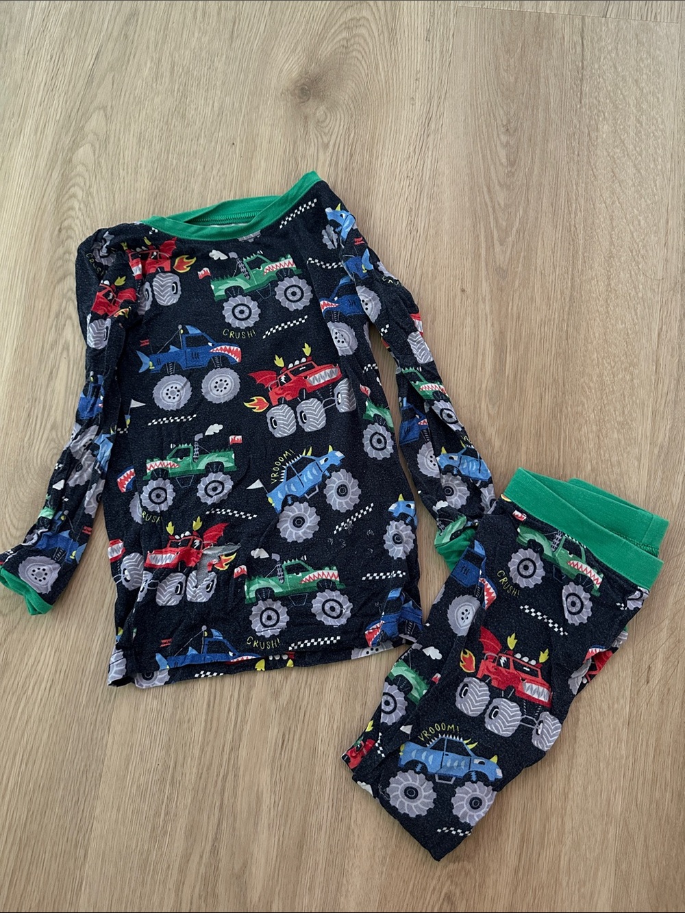 Little Sleepies Navy Monster Truck Pajama Set with Green Trim